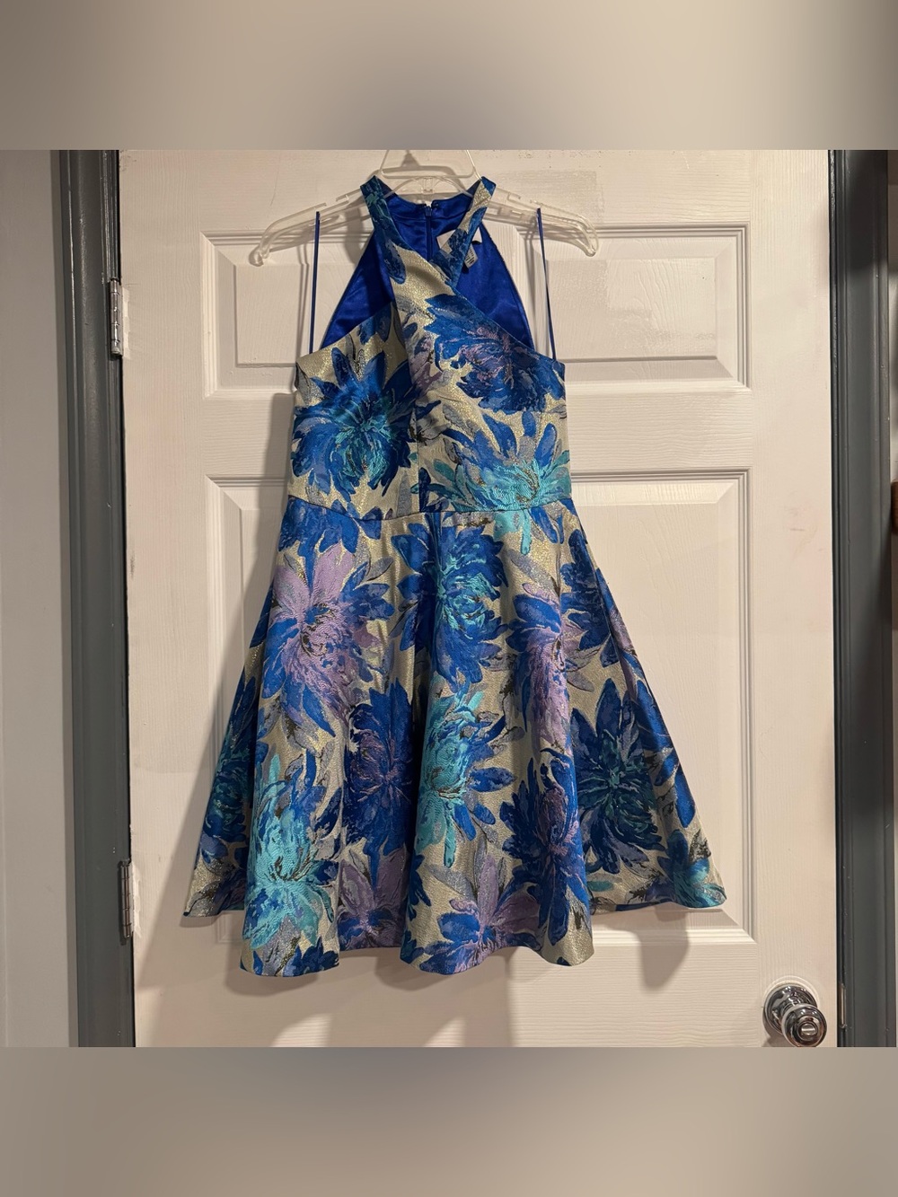 Badgley Mischka Blue Jacquard Halter Mini Dress